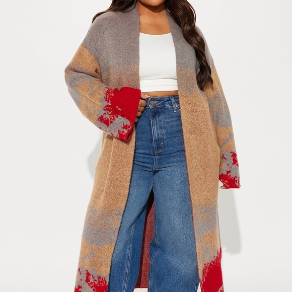 Fashion Nova Sweaters - Fashion Nova Long Colorblock Open-Front Cardigan - Red, Gray, Tan